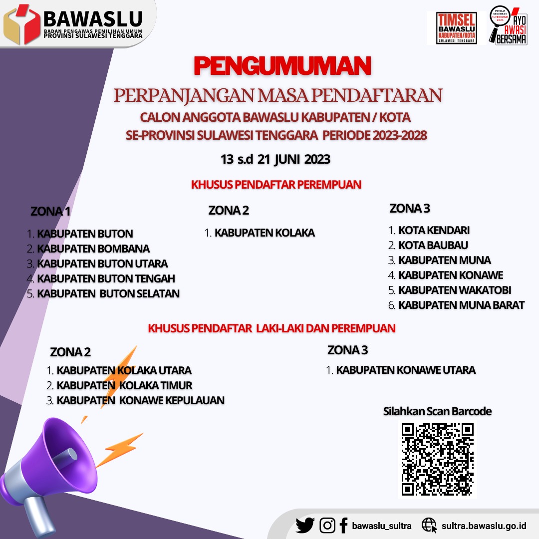Pengumuman Perpanjangan Masa Pendaftaran Calon Anggota Bawaslu Kab/Kota se- Sultra periode 2023 - 2028