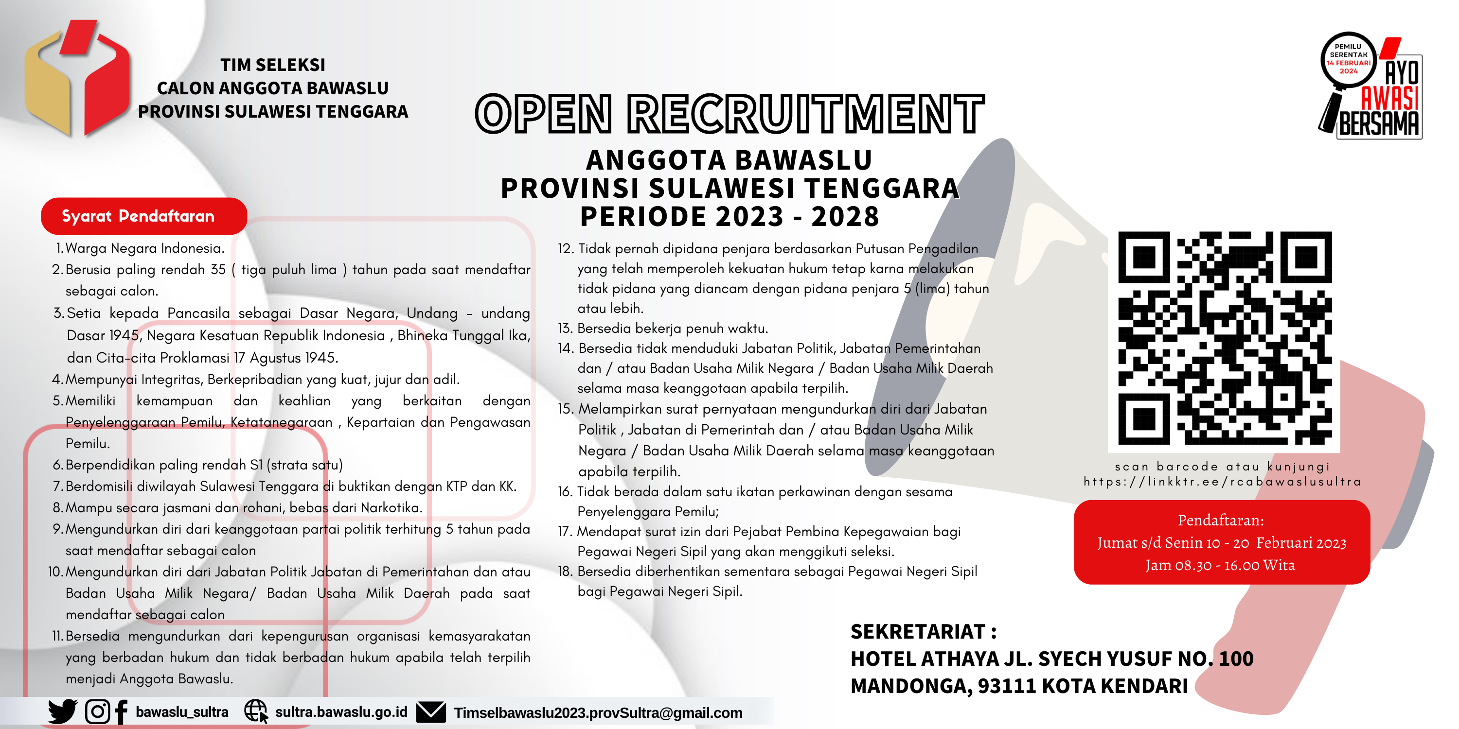 Pengumuman Pendaftaran Calon Anggota Bawaslu Provinsi Sulawesi Tenggara Periode 2023-2028