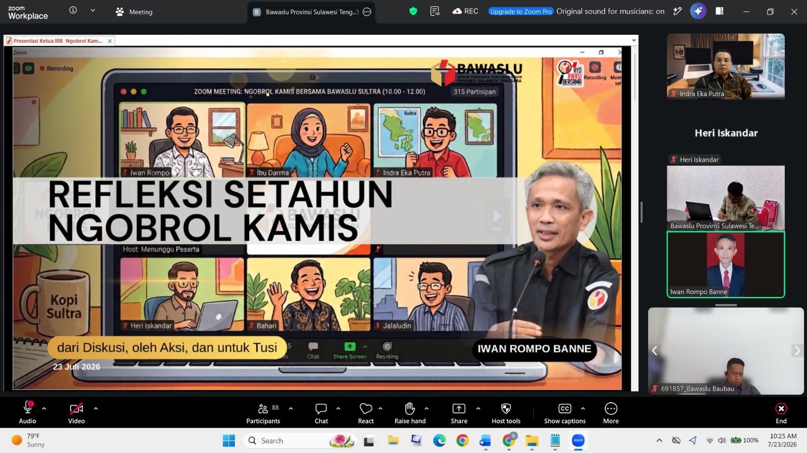 Iwan Rompo Banne (Ketua Bawaslu Provinsi Sulawesi Tenggara) Saat Memberikan Arahan Pada Edisi Ngobrol Kamis Edisi Kali Ini Melalui Zoom Meeting   